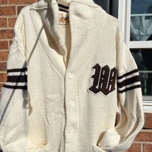 Springfield Classics Men’s XL Cream Cardigan “W” Handmade Raw Blue